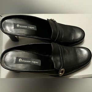 Etienne Aigner Black Leather Loafers Slip-On Shoes, size 8.5